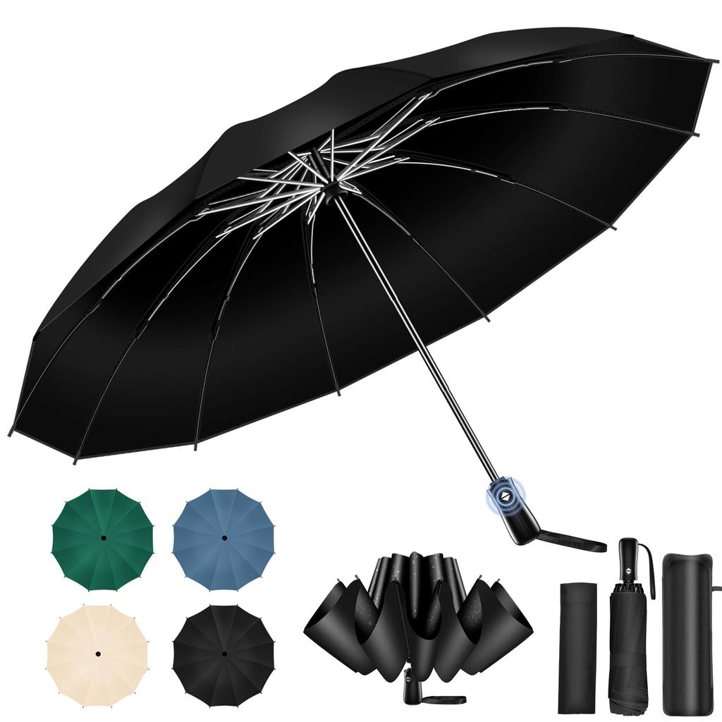 Reinforced Folding Umbrella with Automatic Reverse Sun Heat UV Rain or Perfect for Rainy Typhoon Heavy Rain Storage Pouch Included Extra-Large, 12-Rib
