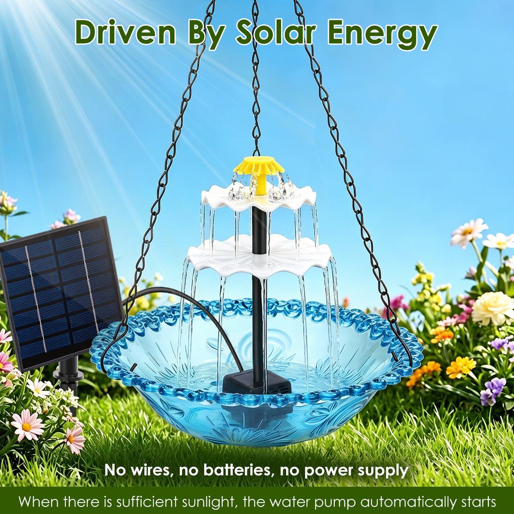 Solar Powered Hanging Bird Bath Fountain Solar Power Cascade Hanging Birdbath for Outdoor Garden Backyard Patio Lawn (Blue or