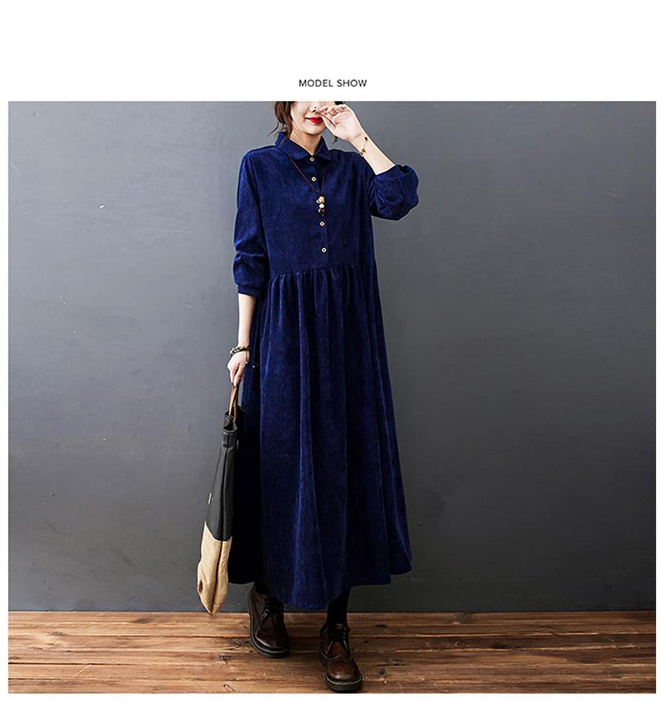 Corduroy Shirt Loose Long Maxi Plus Solid with Pockets [YYQ-SHOP] Women's Dress, Fit, Sleeves, Length, Spring, Autumn, Winter, Sizes, A-Line,