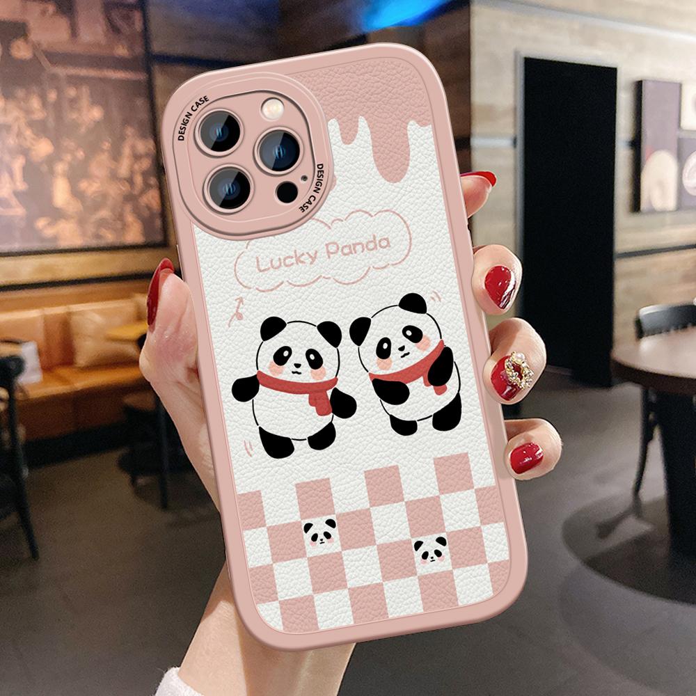 Slim Skin Feeling Cartoon Panda Soft Silicone PU Leather Cover Phone Case for iPhone Samsung Huawei Honor Xiaomi Redmi OPPO Realme Vivo
