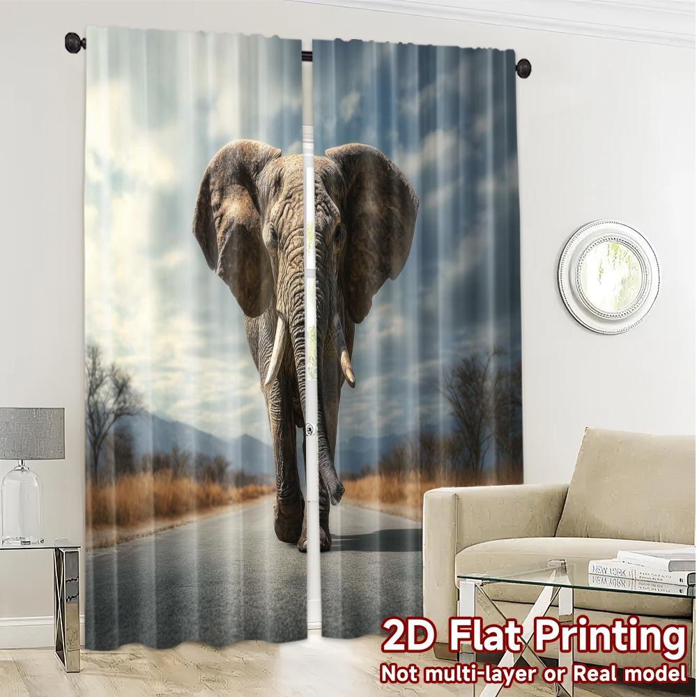 2pcs, 2D FLAT PRINTING Curtains (Without Rod) Elephant Stroll Popular Fashionable Curtains Durable Polyester Curtains Holiday