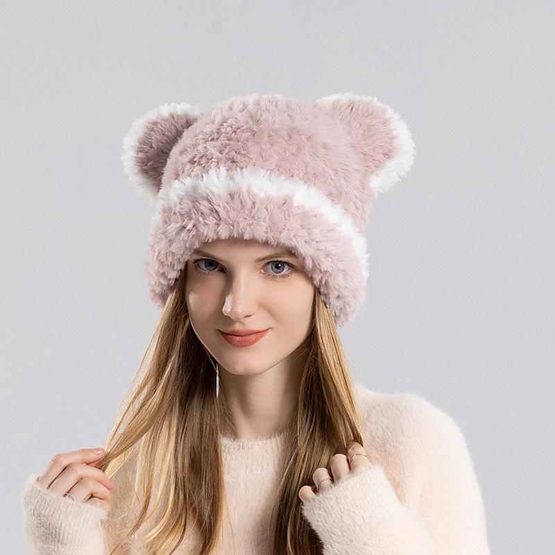 

Новая милая вязаная шапка с медвежьими ушками на осень/зиму, теплая утолщенная плюшевая шапка, женская уличная ветрозащитная модная шапка розовый
