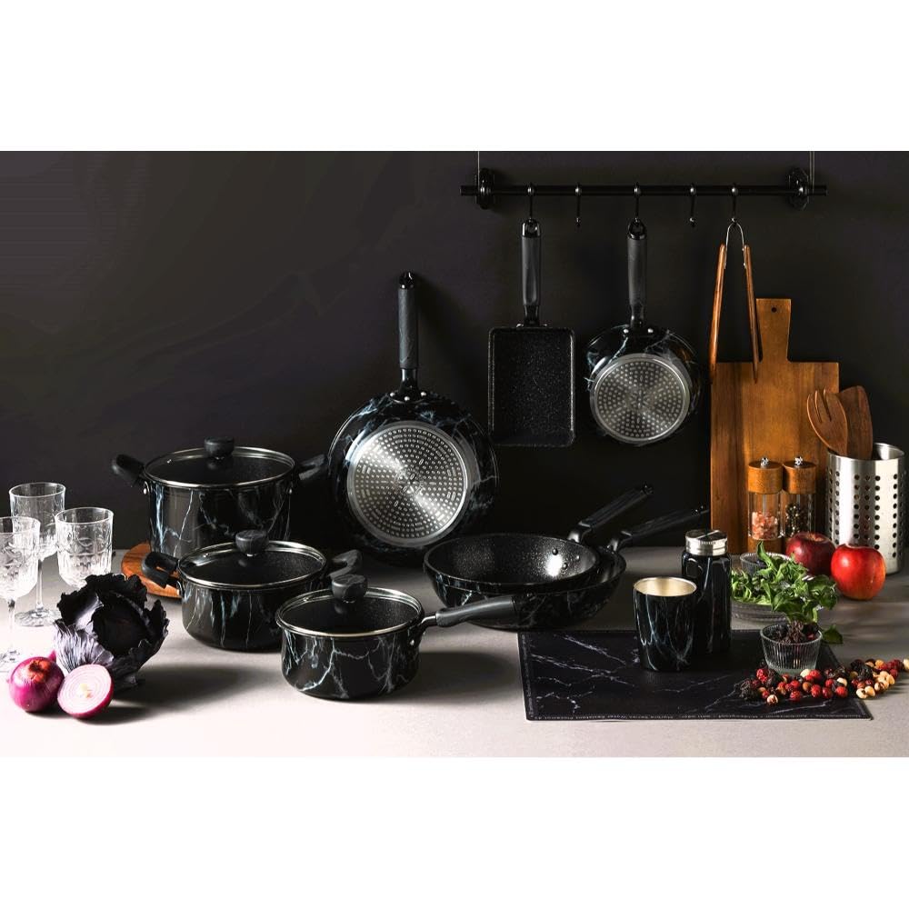 Bestco NX-152 Marble Kitchen 20cm Casserole Saucepan, Black, Marble Pattern, Induction/Gas Cookware