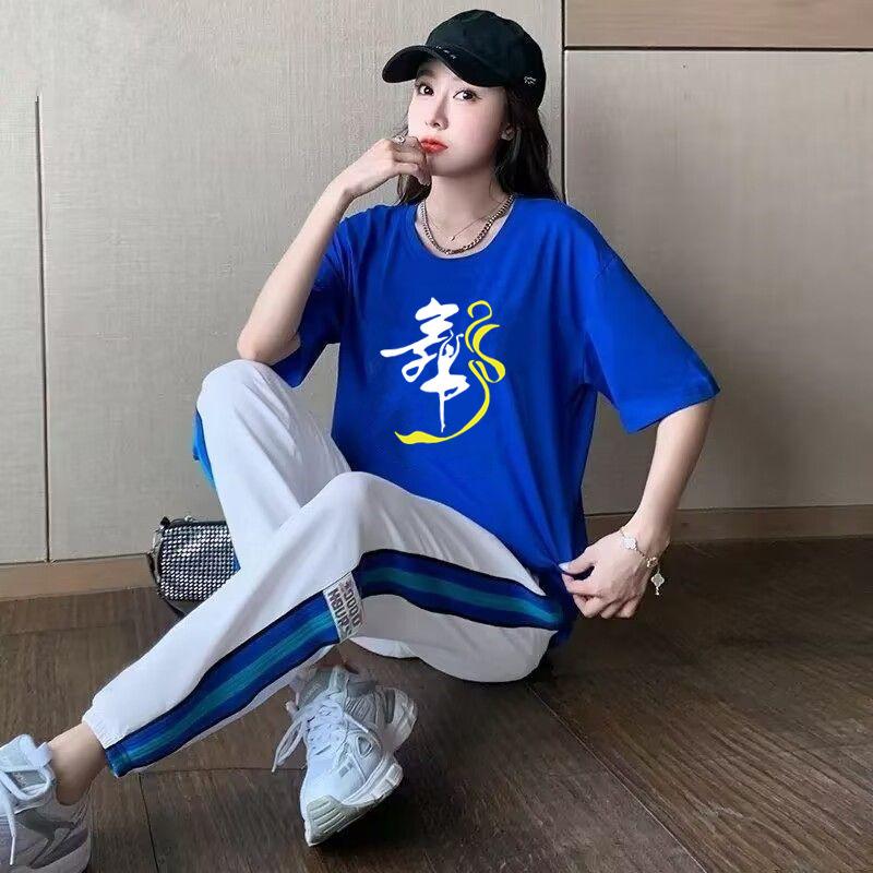 Summer new fashion simple printing sports style suit women's refreshing casual foreign style daily versatile short-sleeved trousers