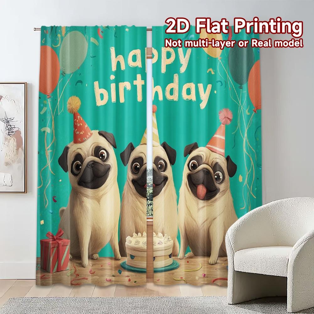 2pcs, 2D FLAT PRINTING Curtains (Without Rod) PugPartyTime(1) Modern Curtains Polyester Easy Install Curtains Holiday for