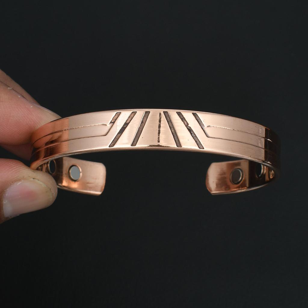 Copper Magnetic Open Cuff Bracelet for Men & Women Adjustable Bangle Wristband with Geometric Engraved Design Fashion Jewelry