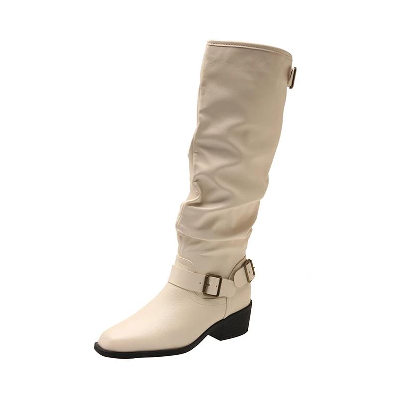 Autumn Winter Pointed Toe Pleated Women Knee High Boots Square Heels Long Booties Zapatos De Mujer