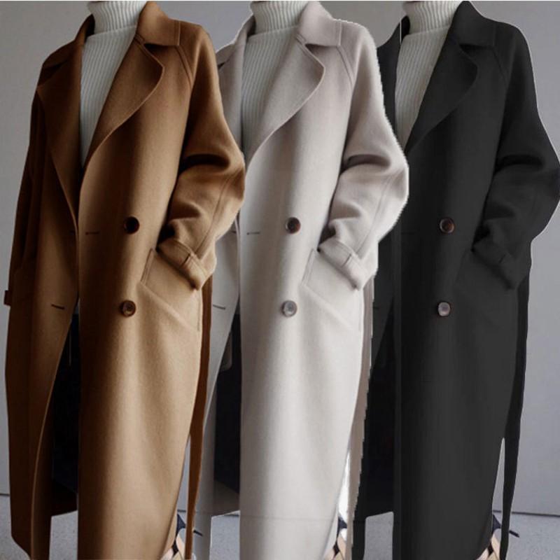 Womens Oversized Wool Blend Coat Winter Medium Length Double Breasted Casual Trench Style
