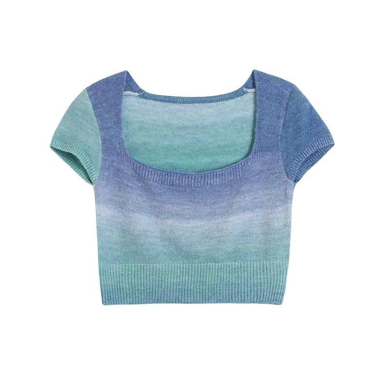 2025 Couleur Dégradée Col Carré Manches Courtes Style Européen et Américain Vêtements pour Femmes Nouveau Style Ventre Découvert T-shirt Top Tendance