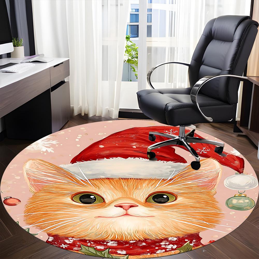 1PC Christmas Cat Office Round Area Rug, Indoor Mat Suitable ForOffice, Under Office Chairs Bedroom Living Room Home Decor, Room Deco f015