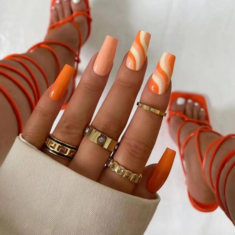 Medium and long ballet nail patch, orange ripple bright color European and American fake nails