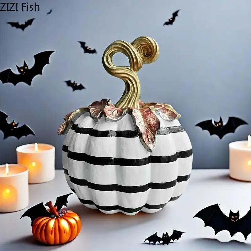 Painted Pumpkin Statue Halloween Decorations Minimalist Black and White Pumpkin Sculpture Ornaments Room Aesthetic Decor
