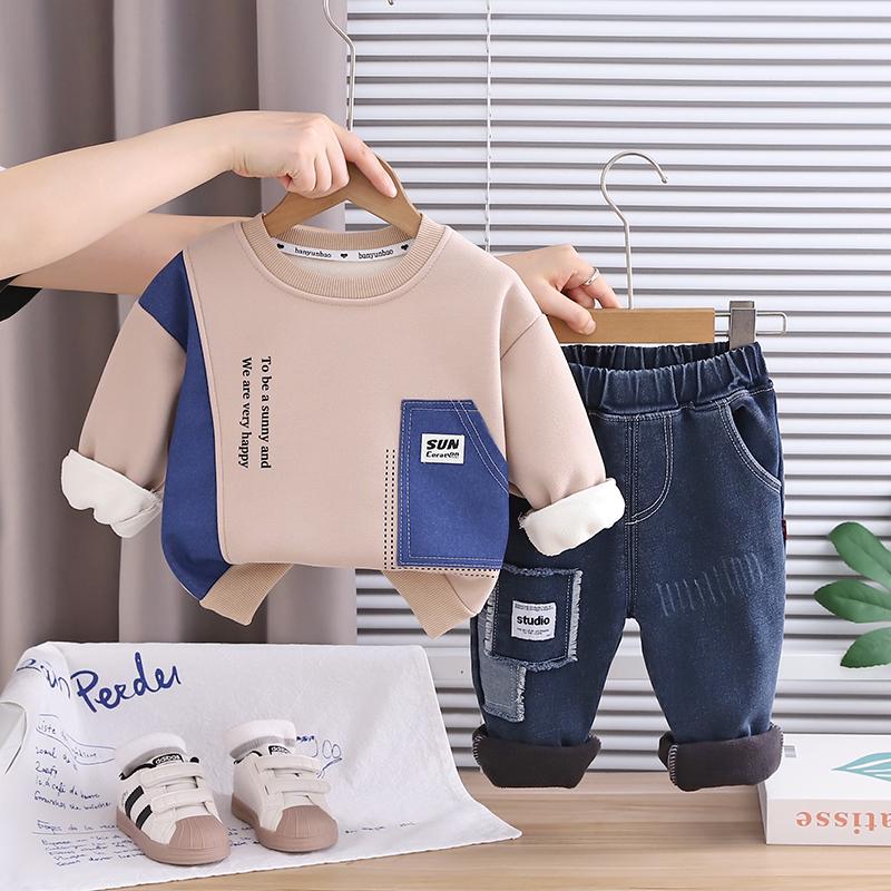 

Комплект из 2 предметов с длинным рукавом для мальчиков, 0-5 лет Детская флисовая толстовка с английским принтом + джинсовые брюки S абрикосовый
