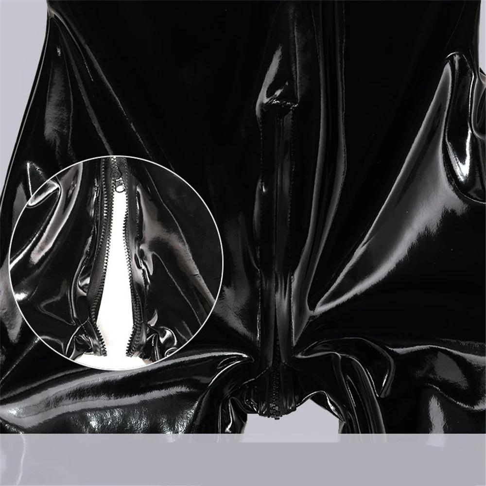 Sexy Men Elastic PU Bodysuit PVC Glossy Shiny Sleeveless Latex Men's Tights Cosplay Maid Leotard Zipper Open Crotch Stage Wear