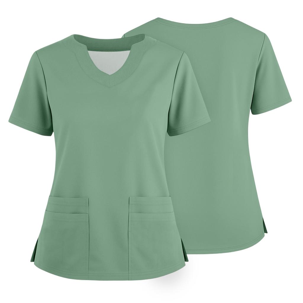 Women's Short Sleeved Solid Color V-neck Buttonable Side Slit Top T-shirt