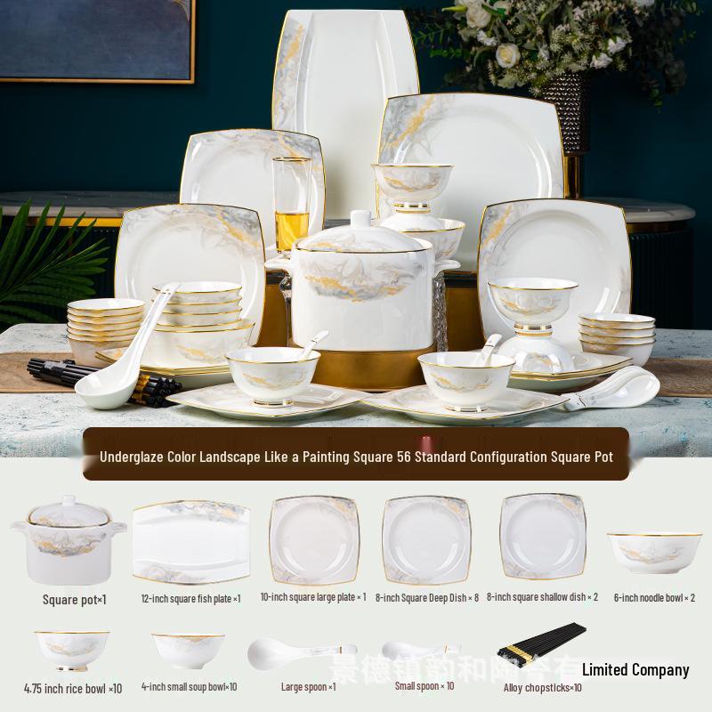 2024 New Luxury Glazed Ceramic Bowl and Plate Set with Chopsticks – High-Temperature Housewarming Gift