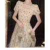 [Original Workmanship] Gentle Wind French Square Collar Floral Skirt Women's Summer Temperament Vacation Dress Long Dress