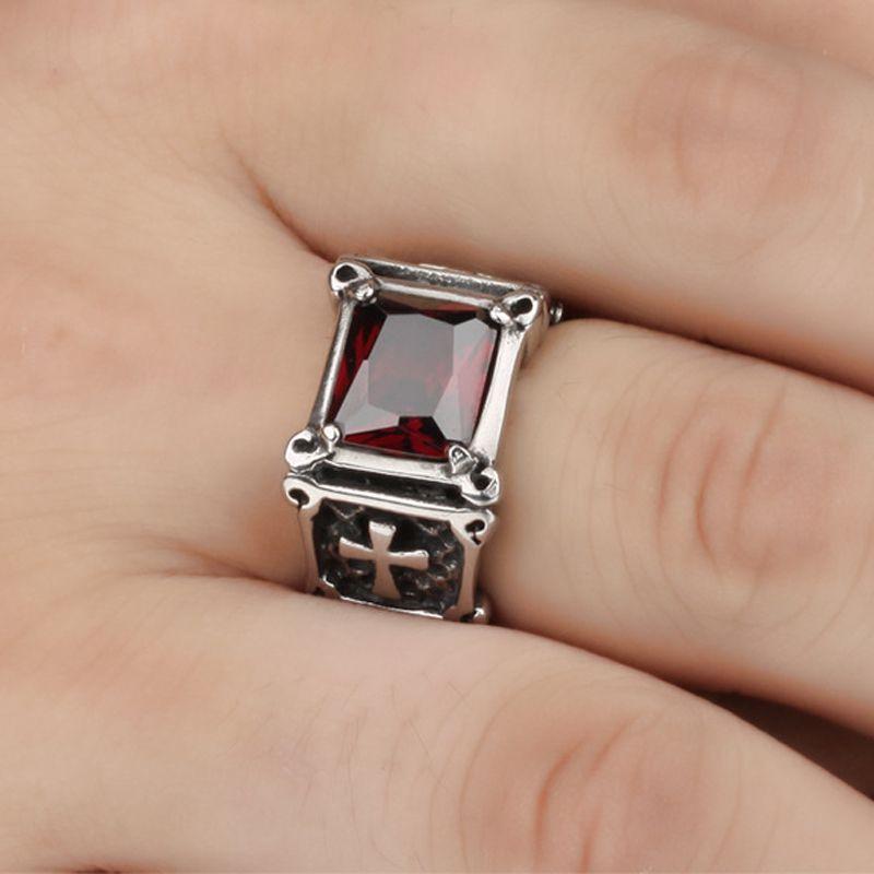 Unique Fashion Vintage Red Onyx Thor Men's Stainless Steel Gothic Style Ring