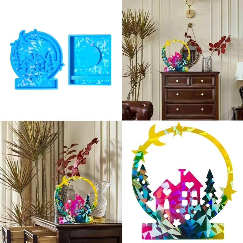 House Shape Resin Molds Holographic Heart Candlestick Molds with Base for DIY Craft Tealight Candle Holder Home Decors