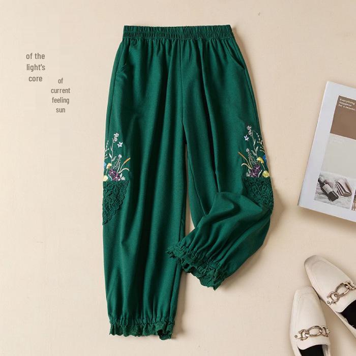 2023 Letní Dámské Mori Girl Lněné Vyšívané Krajkové Zkrácené Harémové Kalhoty - Volný Střih, Ležérní Styl
