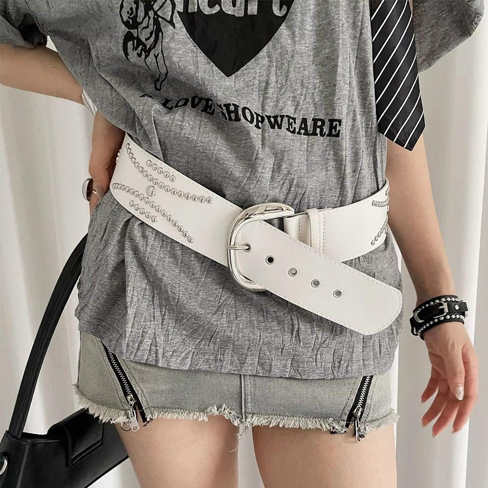Gothic Rivet Wide Belt Y2k Dress Jeans Belt Vintage Women's Waist Belt  Skirt Accessory