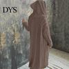 Hooded Coat Women Sweater Jacket with Pockets Mid Length Knitted Twisted Texture Solid Winter Color Long Sleeve Plus Size Thick Daily Commuting