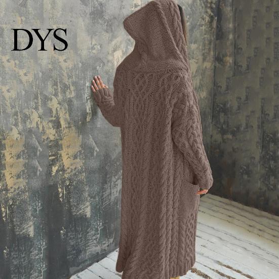 Hooded Coat Women Sweater Jacket with Pockets Mid Length Knitted Twisted Texture Solid Winter Color Long Sleeve Plus Size Thick Daily Commuting