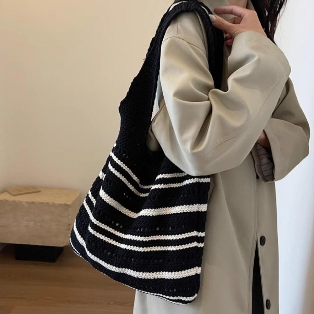 Striped Pattern Woven Shoulder Bag Bohemian Hollow Out Beach Bag New Knitted Tote Bag  Versatile