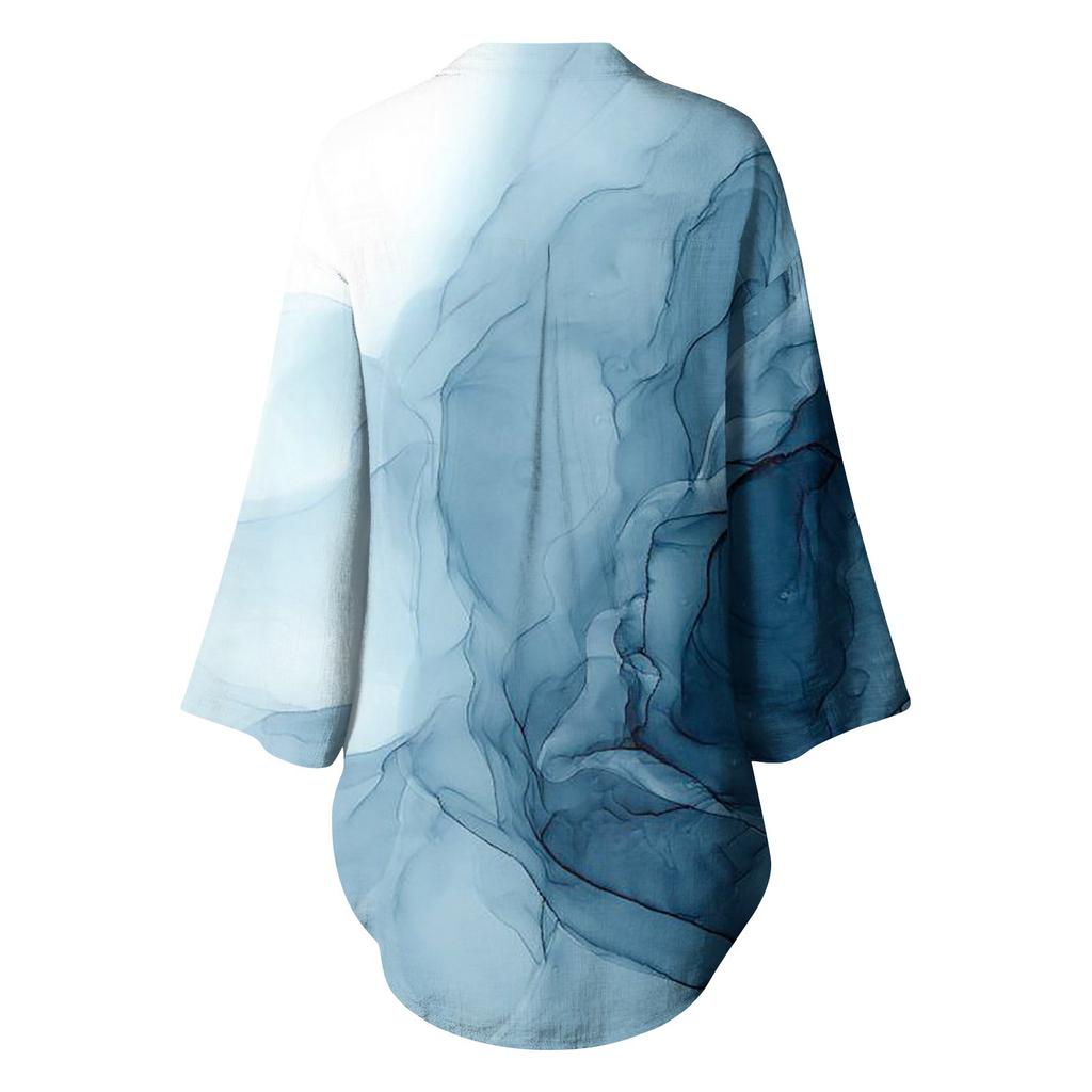 Women's New Button Collar Fashion Print 3/4 Sleeves Retro Print T-Shirt Slim Top Casual Tops