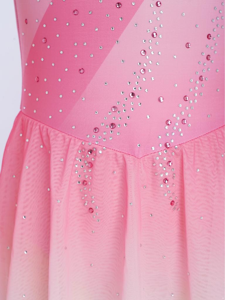Professionell Konståkningsklänning för Flickor: Hög hals med 3D-blommor, genomskinligt nät & gradient strass