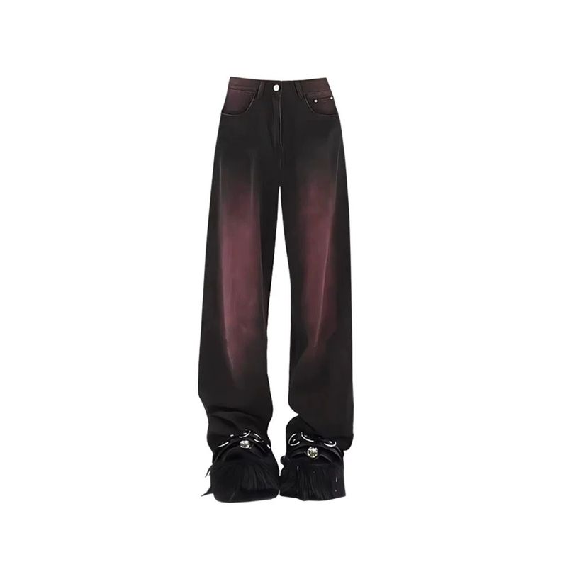 

Джинсы тай-дай женские осенне-зимние больших размеров с высокой талией модные в стиле хай-стрит черные с фиолетовым градиентом широкие прямые штаны Black purple Size L [55.00 kg-60.00 kg]]