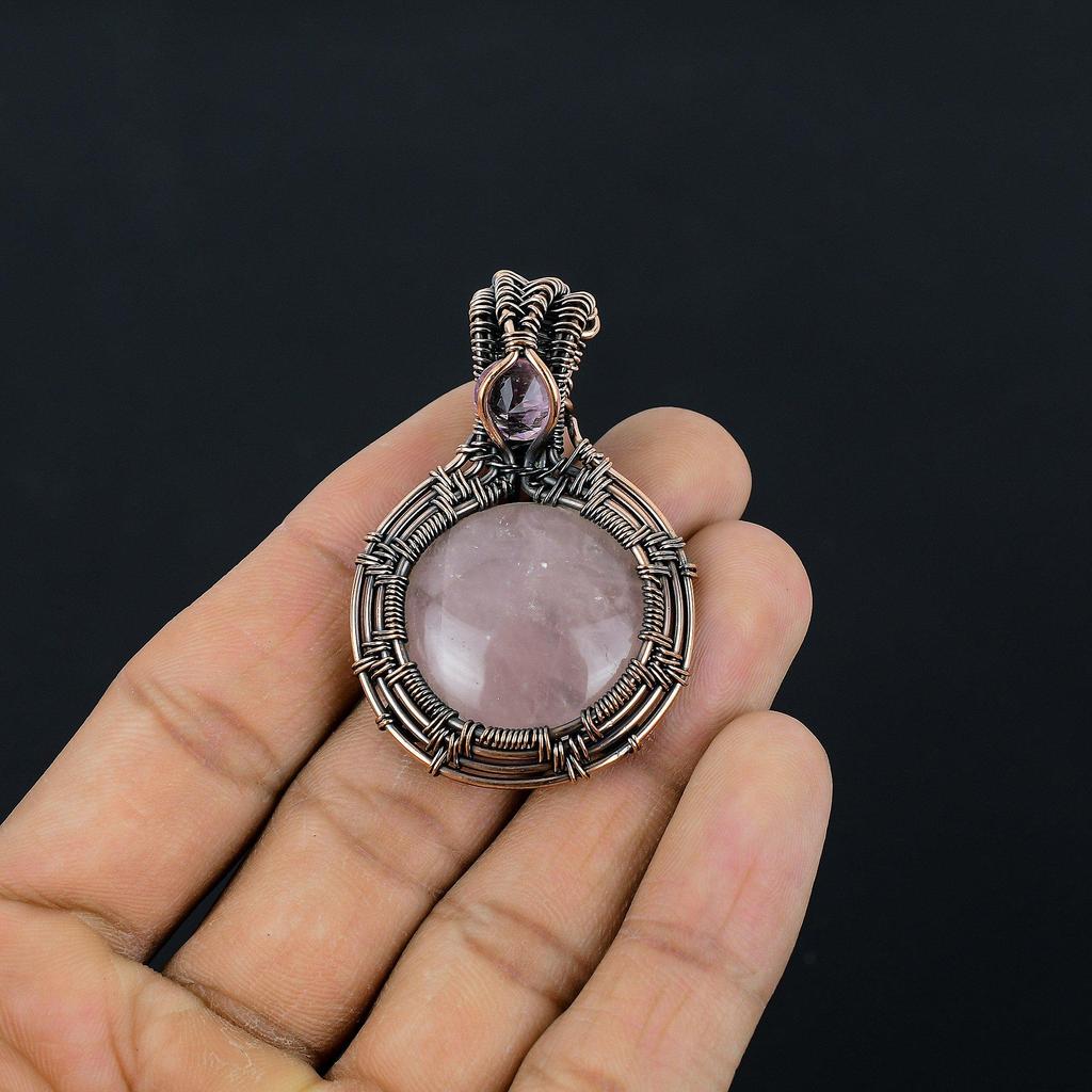 Rose Quartz Jewelry, 999 Copper Wire Wrapped Pendant Handmade Gemstone Jewelry, Gifts For Wife Brand New Pendant