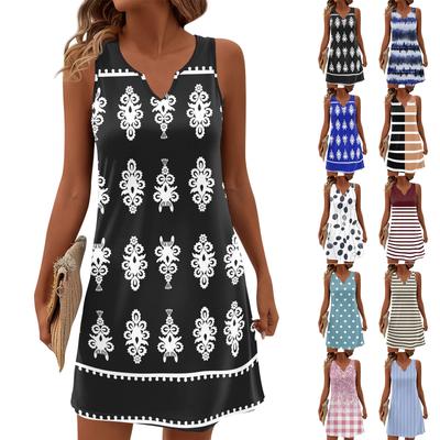 Women Summer Dresses V-Neck Print Sleeveless Sundress Casual Dress