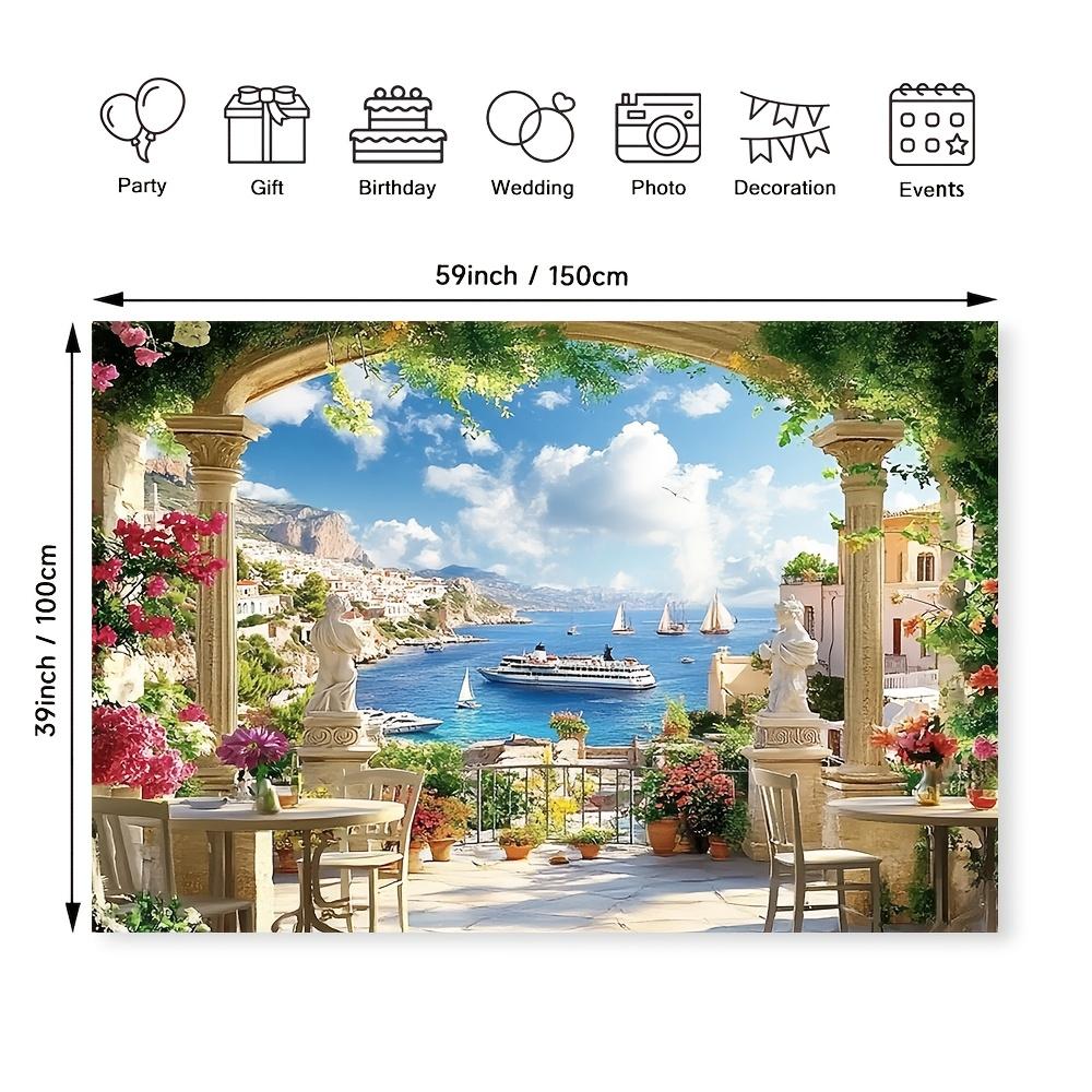 1 2D Chic Italian Garden Terrace and Mediterranean Bay Landscape Banner - Multiple Sizes To Choose from