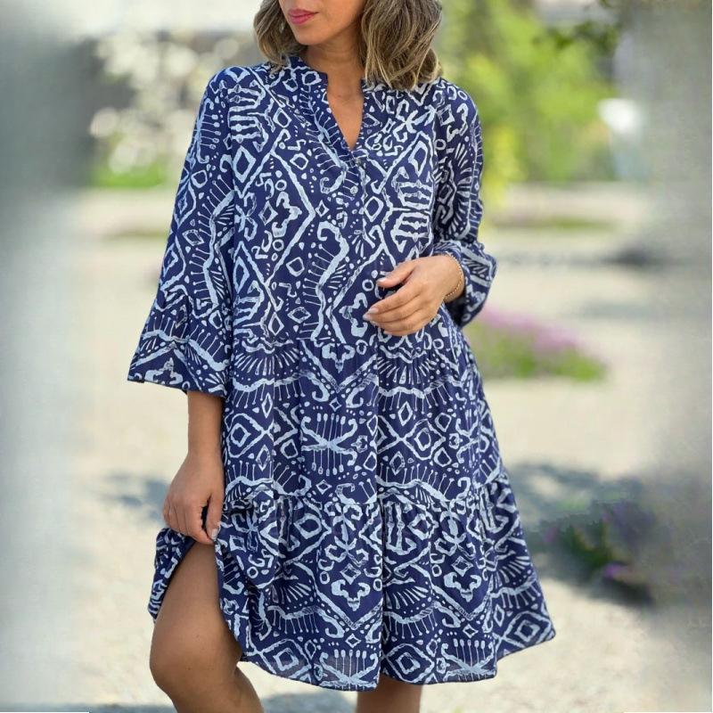 

GMXIA Женские платья в стиле пэчворк с V-образным вырезом, расклешенными рукавами и принтом торта XXXL темно-синий