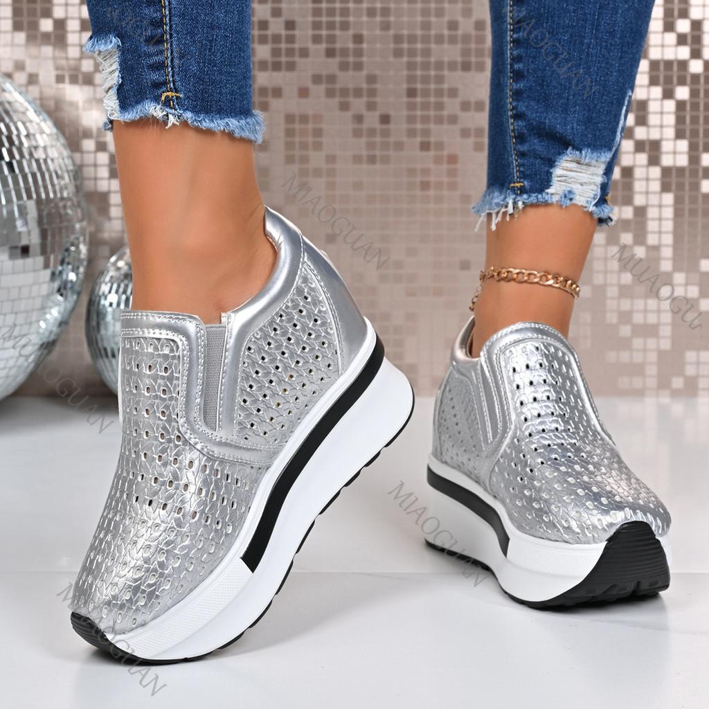 Fashion New Hollowed Out Vulcanize Shoes Female 2025 Spring Autumn Solid Height Increase Women's Shoes Casual Slip On Platform Sneakers