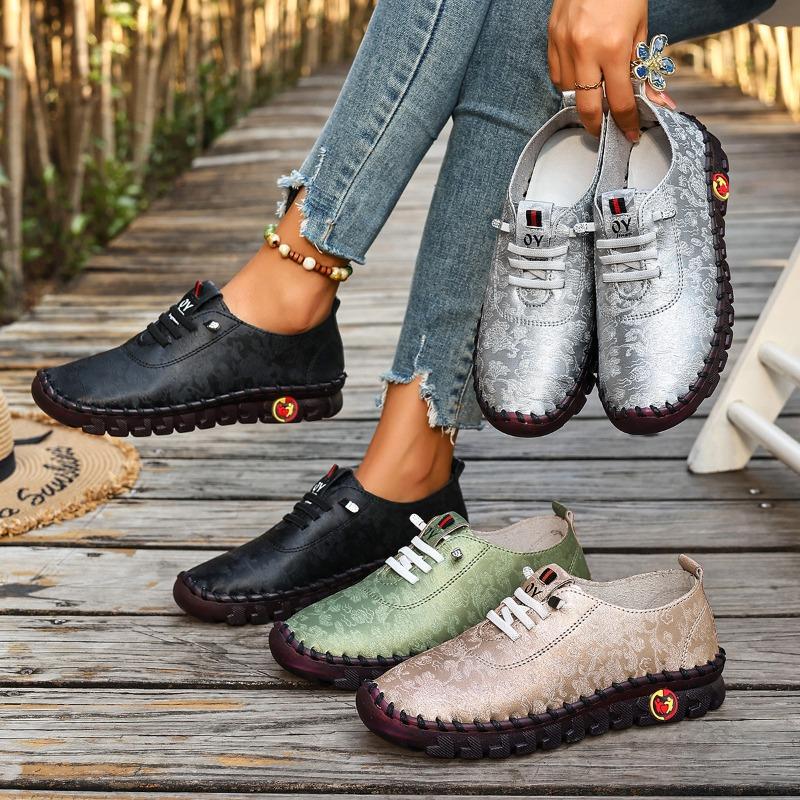 New Plus Size Flat Single Shoes Round Toe Lace-up Deep Mouth Soft Sole Soft Slip Non-slip Low-top Women's Casual Leather Shoes
