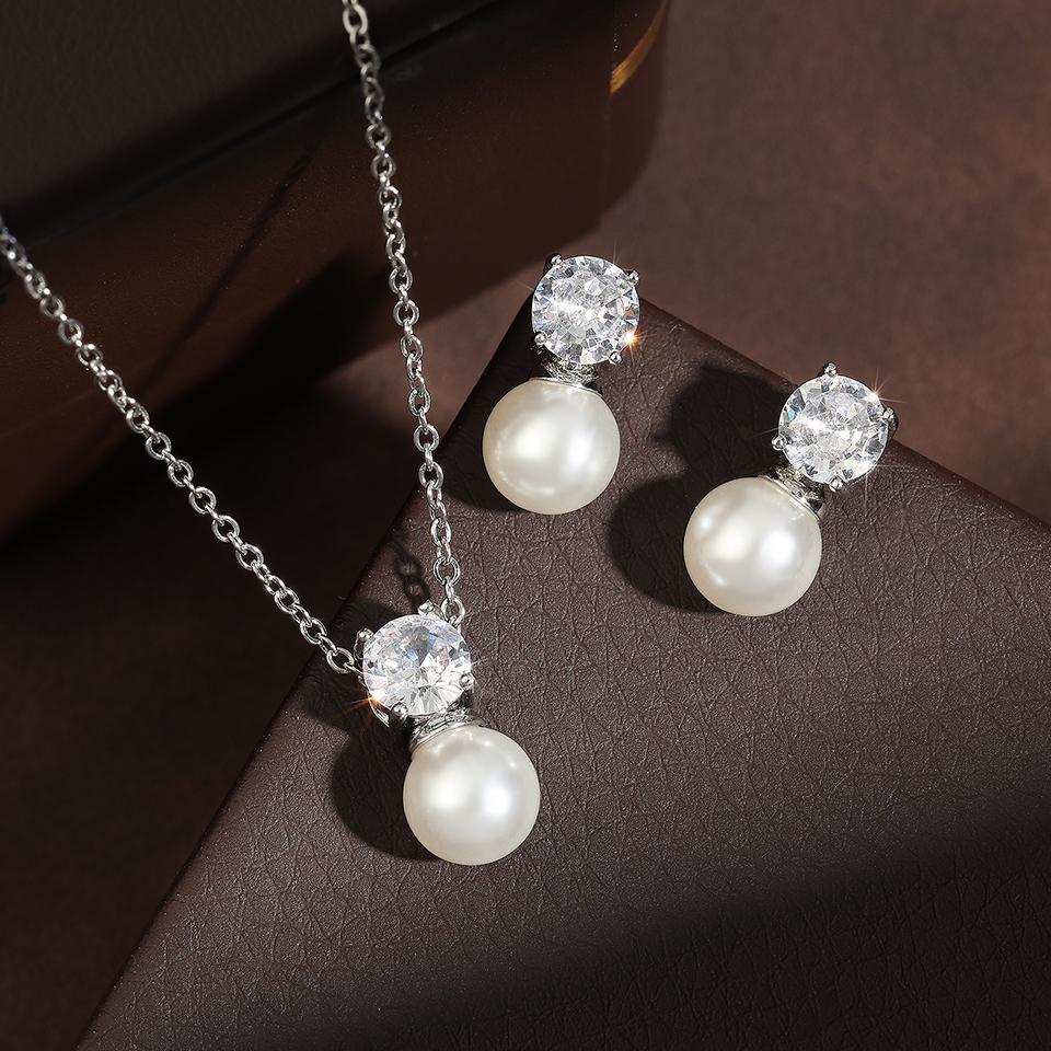ZAKOL Elegant Round Cubic Zirconia Imitation Pearl Necklace Earrings For Women Bridal Wedding Party Jewelry Gift