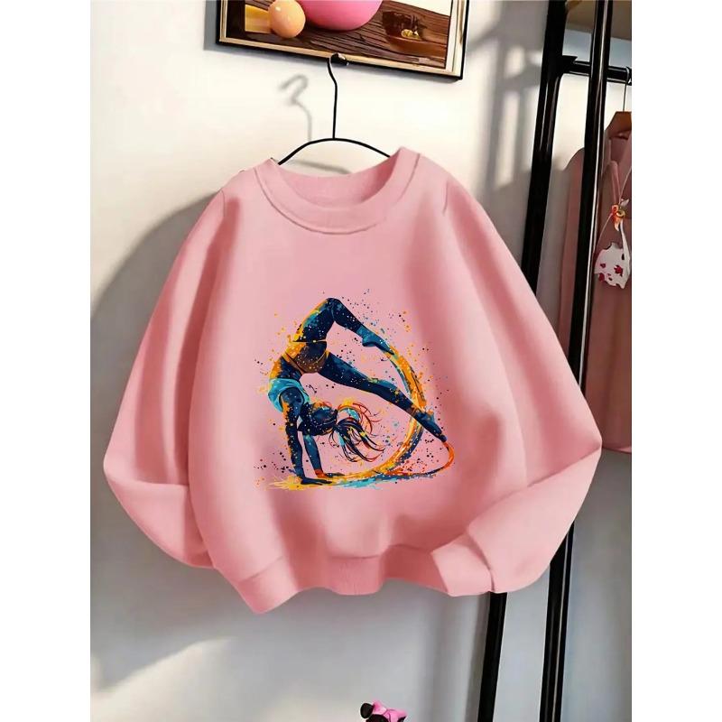 Girls' Crewneck Sweatshirt - Dynamic Figure Yoga Pose Artwork Splash Machine Washable, Spring And Autumn