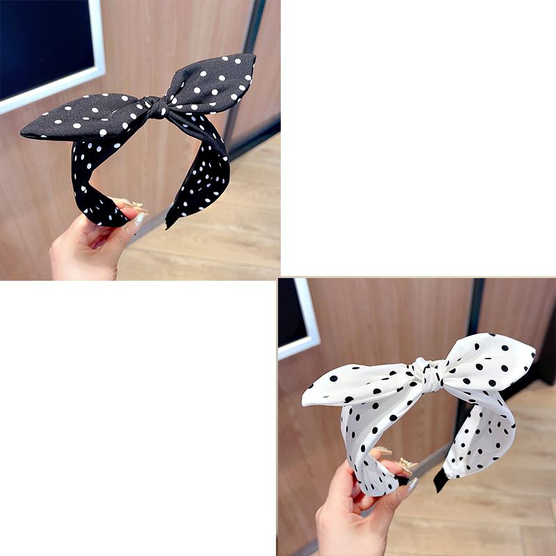 Solid Fabric Polka Dot Bow Headband for Woman Elegant Temperament Wide Headband Fashion Girl's Makeup Hairband