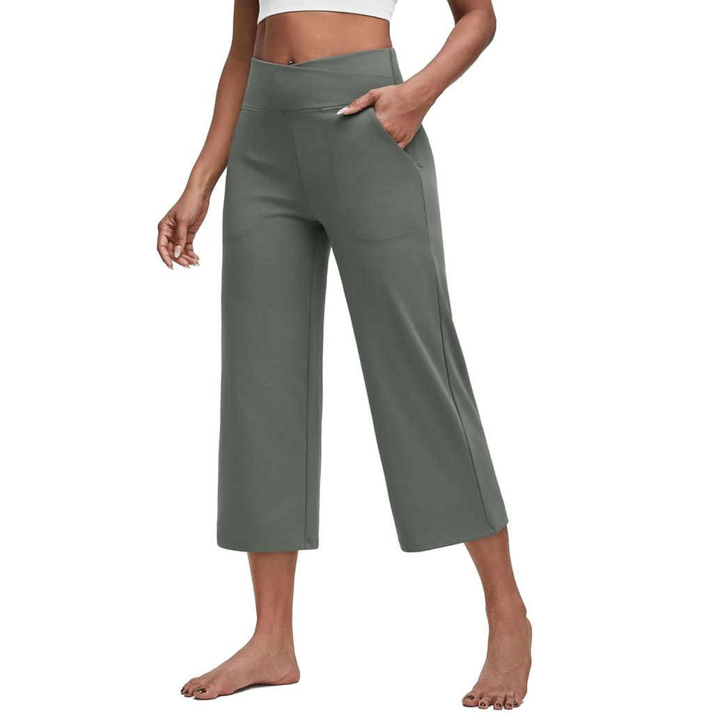 Women Elastic High Waist Pant Casual Fit Wide Leg Long Pants Trousers With Pockets