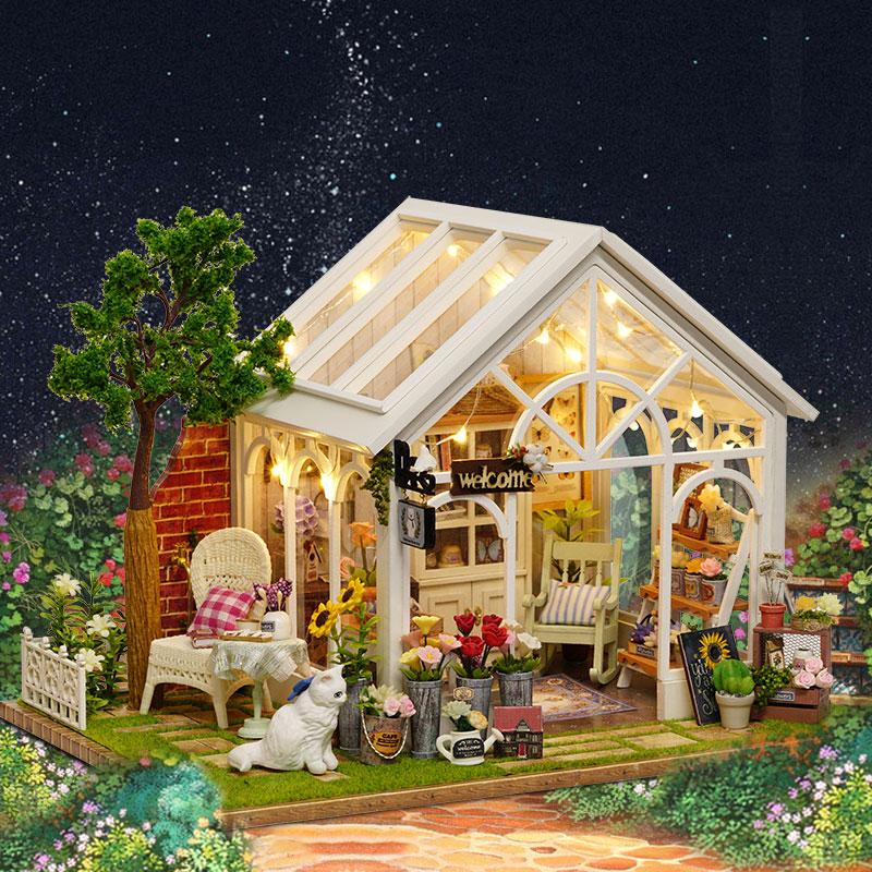 DIY Flower House Kit Wooden Mini Doll House 3D Puzzle Assembly Building Model Toys Home Bedroom With Furniture Christmas Gifts