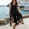 Sleeveless V Neck Midi Dress with Leaf Pattern Print Loose Fit Casual Style Lightweight Fabric
