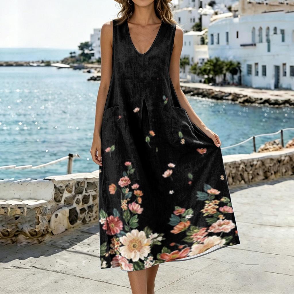 Sleeveless V Neck Midi Dress with Leaf Pattern Print Loose Fit Casual Style Lightweight Fabric