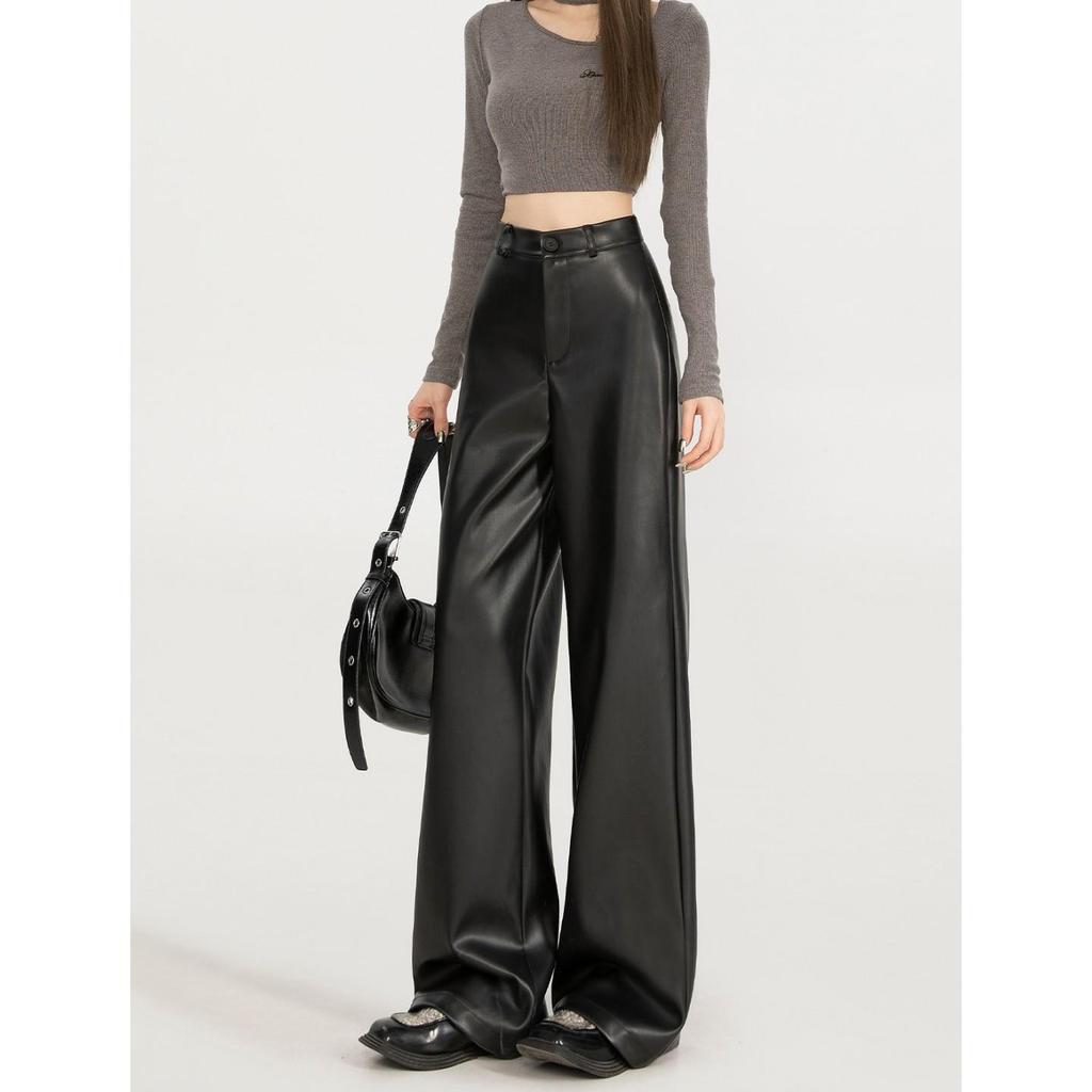 Korean Style Versatile Leather Wide-Leg Pants for Curvy Women - High Waist, Slimming, Black, Spring/Autumn.