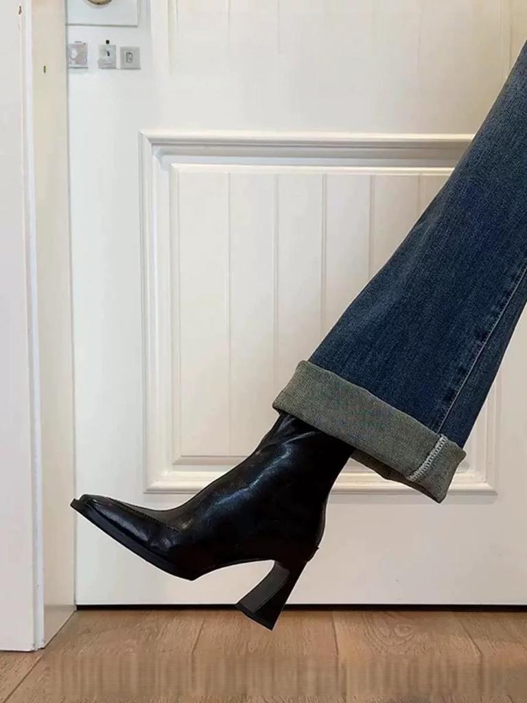 Korean version of high heel 7cm square head thin boots short boots women's thick heel retro Martin boots British style short single boots