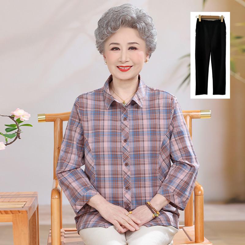 Mid-Length Pure Cotton Shirt for Elderly Women - Three-Quarter Sleeve Top for Spring/Summer