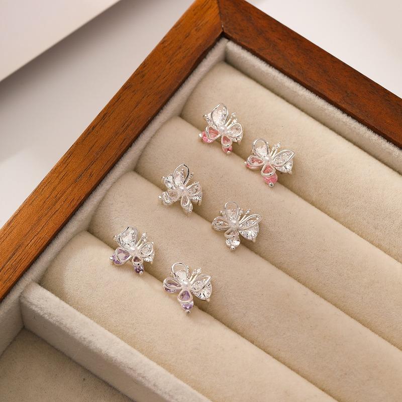 Hollow Butterfly Stud Earrings Inlaid Pink Cubic Zirconia Sparkly Elegant Sweet Daily Wear Jewelry For Women Ladies