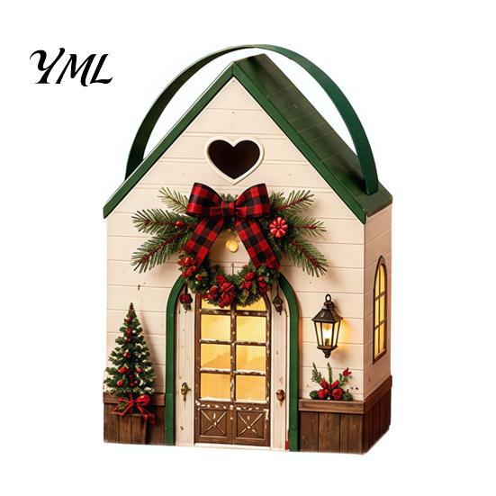Small Holiday Surprise Boxes Christmas Wonderland Cottage Gift Box, House Shaped Paper Treat Boxes, Eve Containers Snack Holder with Handle