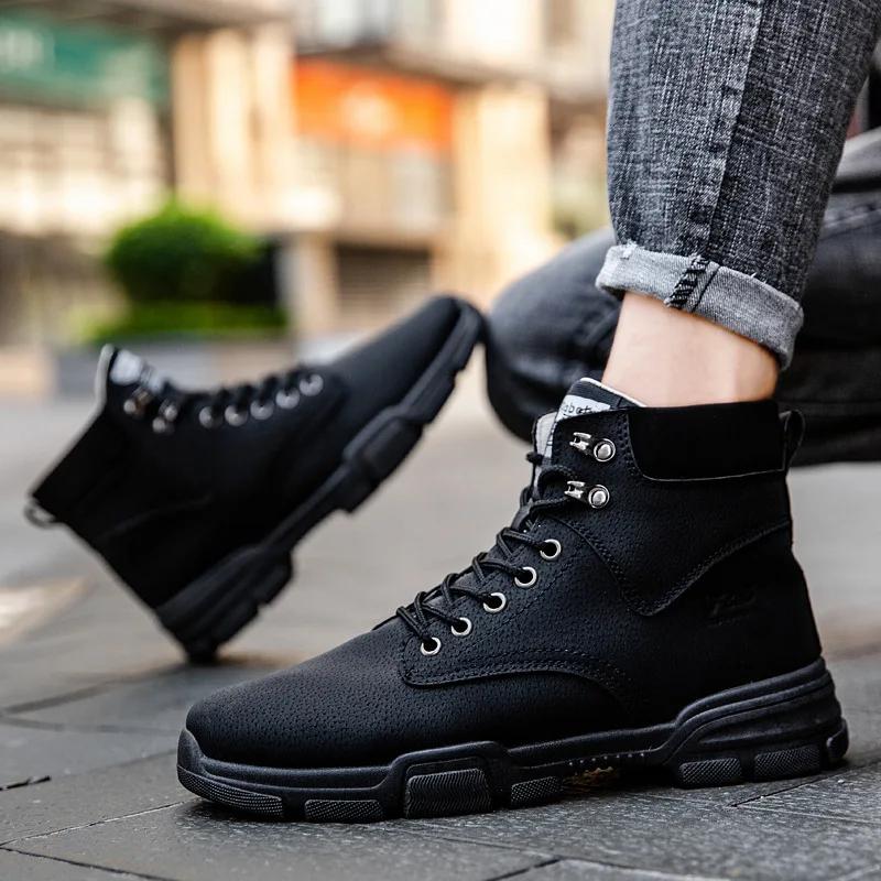 

Fashion Men s High Top Leather Boots Autumn Vintage Fashion Breathable Motorcycle Ankle Boots for Men British Style Lace-Up Botas Hombre 39 чёрный
